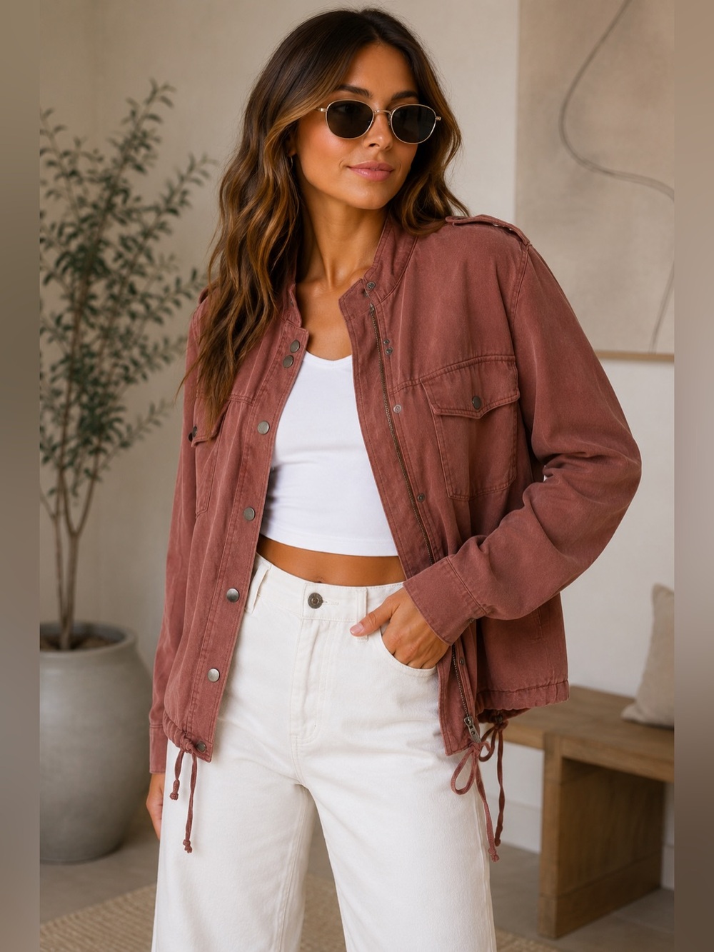 Rails Revolve Collins Bomber Utility Burgundy Mauve Lyocell Linen Jacket